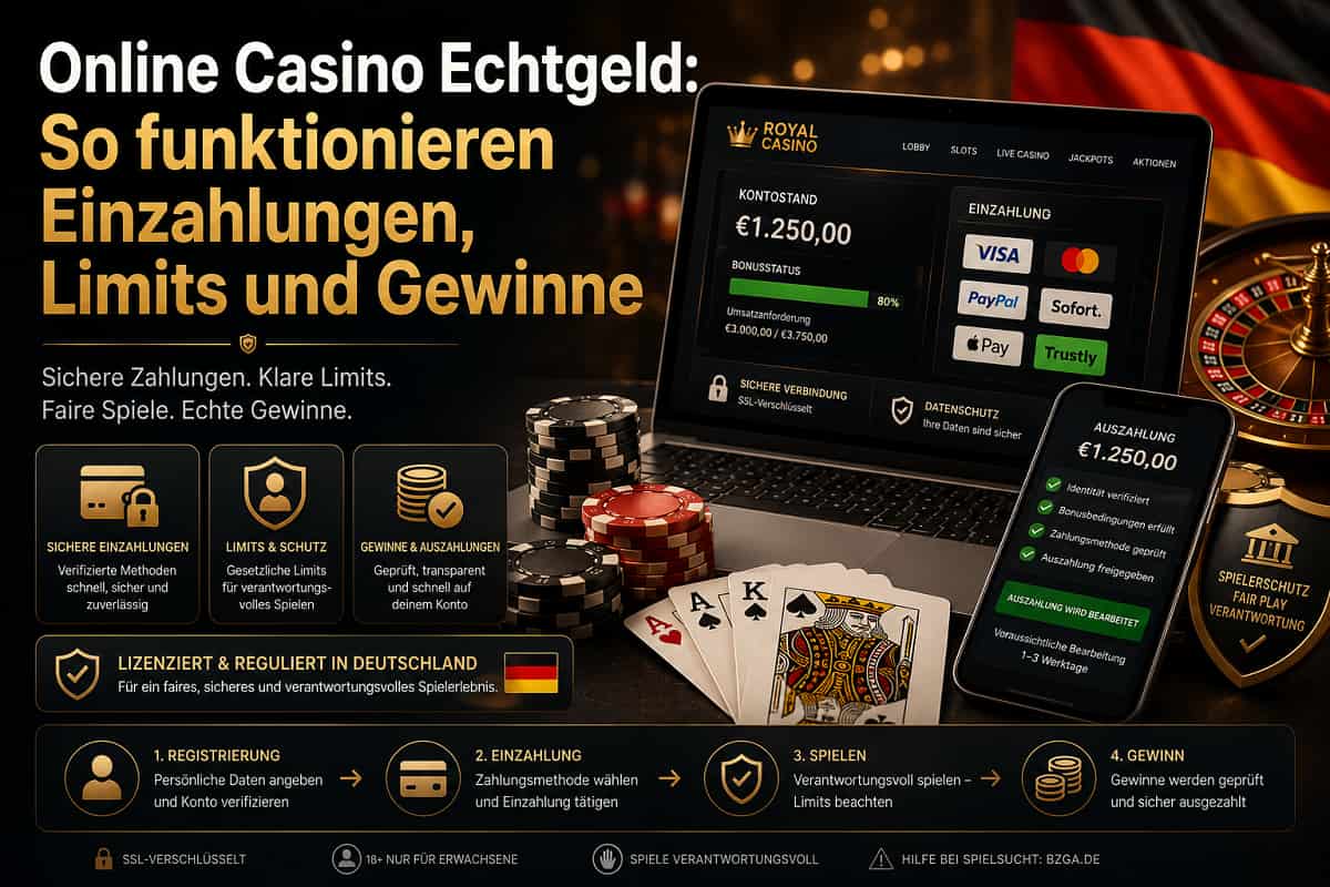 Premium-Headerbild für einen deutschen Online-Casino-Echtgeld-Ratgeber mit sicheren Zahlungen, Auszahlungsprüfung, Casino-Chips, Spielkarten und digitalen Banking-Elementen in luxuriösem Schwarz-Gold-Design.